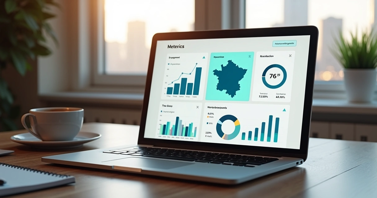 Dashboard de métricas digitais em laptop com mapa de Curitiba 