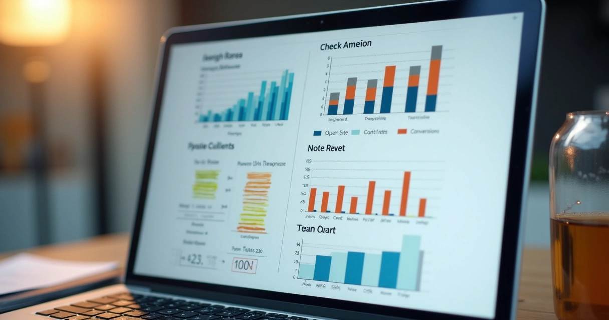 Gráficos de métricas de campanhas de email marketing em um notebook ao lado de uma planilha 