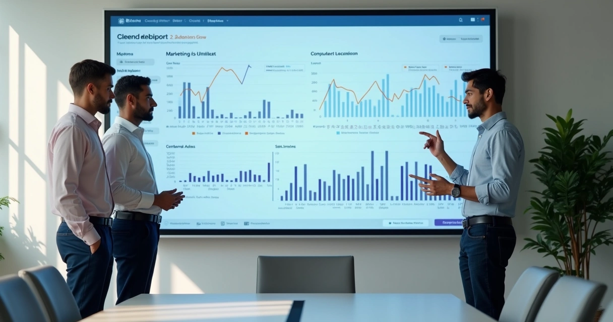 Gráfico de métricas compartilhadas em tela grande com equipes assistindo 