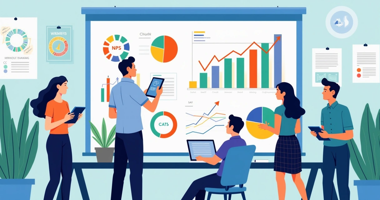 Ilustração de um moderno espaço de escritório com profissionais analisando métricas de experiência do cliente, como NPS e CSAT.