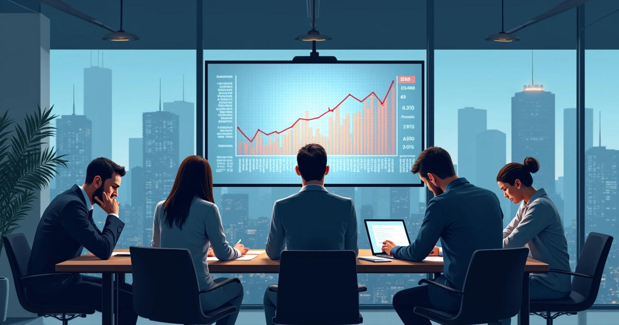 Gráfico confuso y equipo desmotivado en una sala de reuniones 