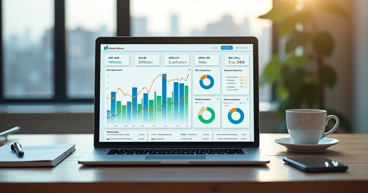 Dashboard financeiro de SaaS em tela de notebook com gráficos e métricas variadas 