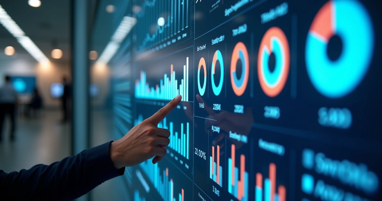Indicadores de vendas em dashboard digital, gráficos de barras e pizza, luz azul suave 