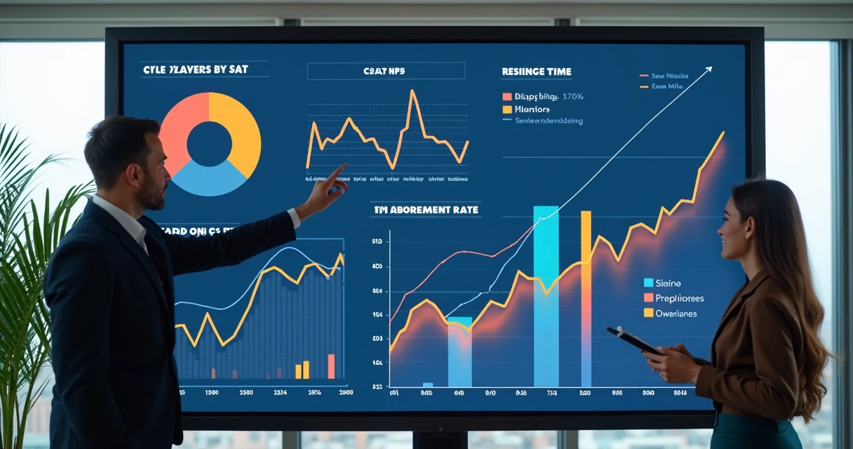 Gráficos coloridos de métricas de atendimento ao cliente numa tela grande 