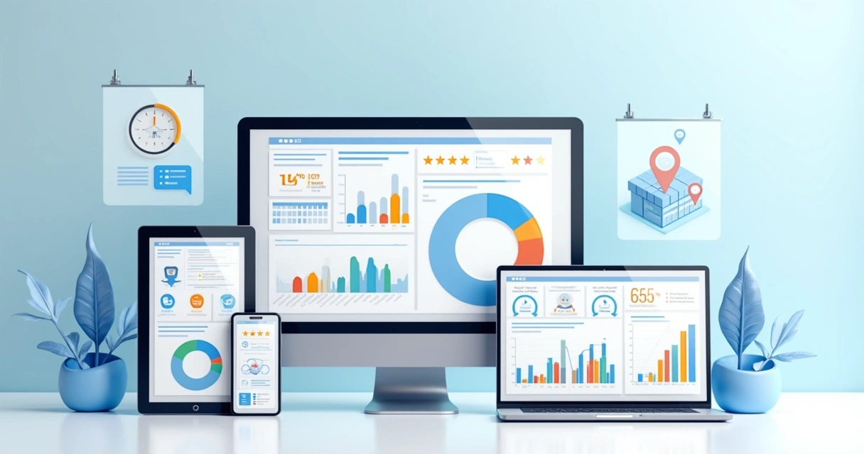 Telas mostrando métricas de atendimento digital e relatórios coloridos 