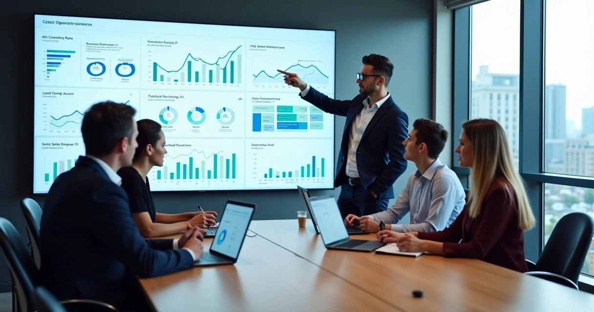 Painel de métricas de IA com equipe analisando desempenho comercial 