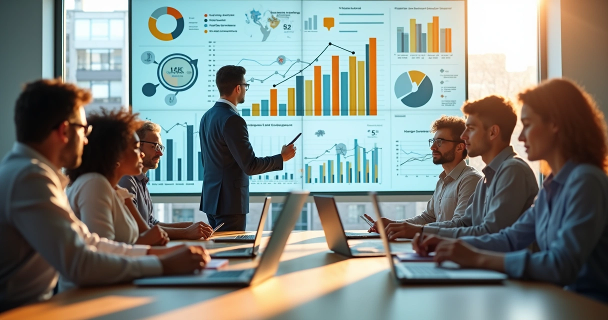 Equipe em reunião analisando gráficos sobre impacto emocional na cultura da empresa 