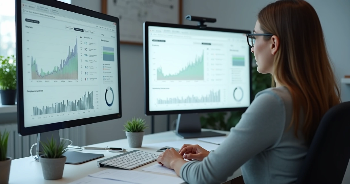 Psicóloga analisando gráficos de desempenho do site e redes sociais 