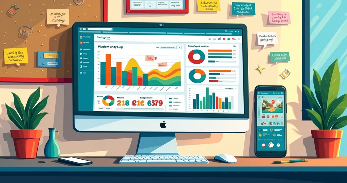 Espaço de trabalho com computador exibindo métricas do Instagram e notas adesivas sobre estratégia de conteúdo.