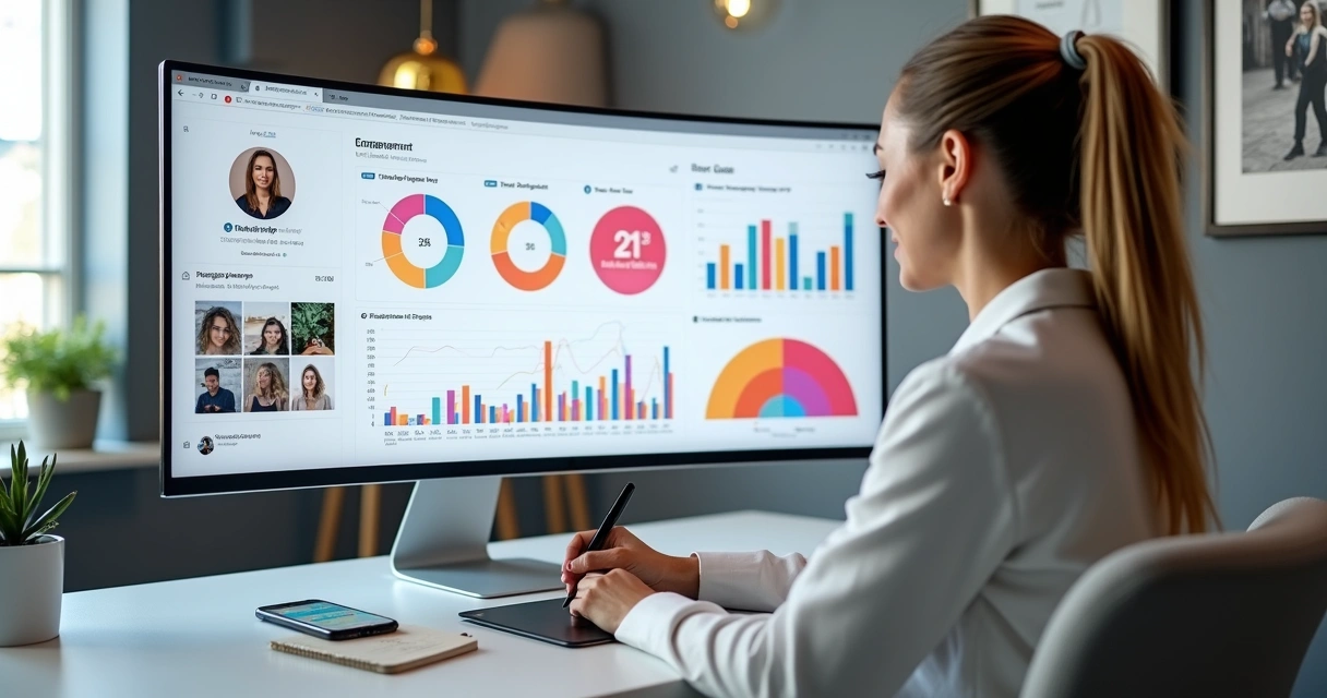 Gestora de clínica analisando métricas do Instagram em dashboard colorido 