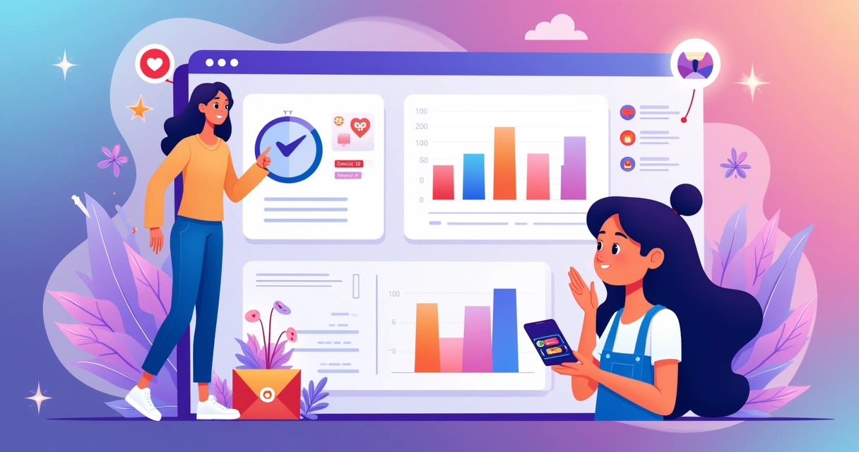 Ilustração de um painel de métricas do Instagram com dados de engajamento e ícones de posts. 
