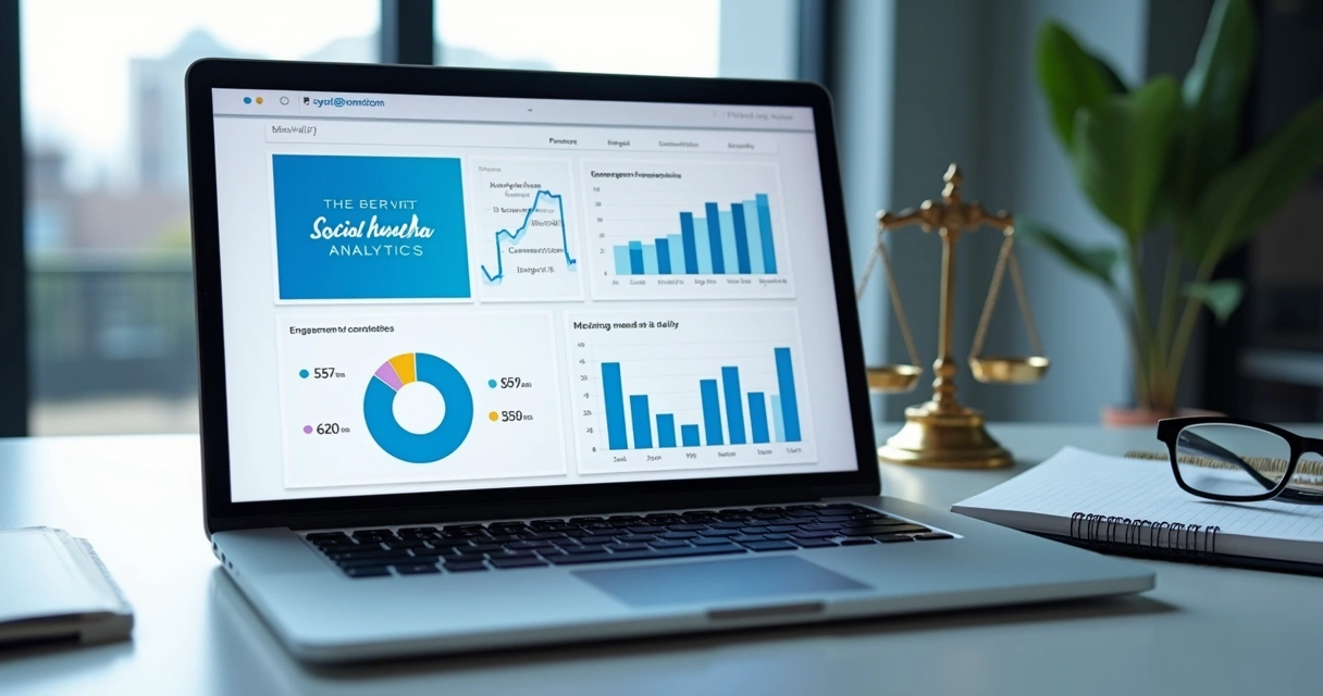 Tela com métricas de redes sociais ao lado de materiais jurídicos 