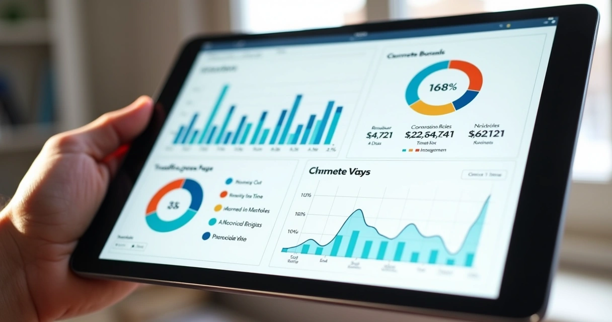 Gráficos de métricas de landing page imobiliária em tablet 