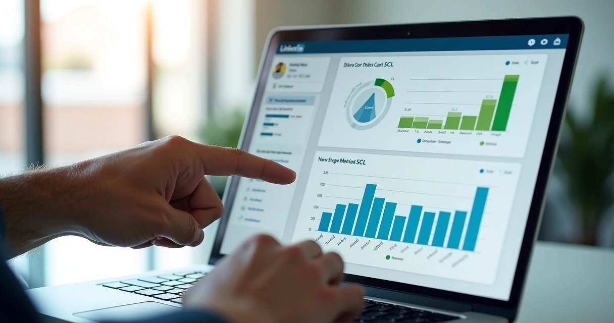 Gráfico de métricas de LinkedIn B2B crescendo na tela de notebook 