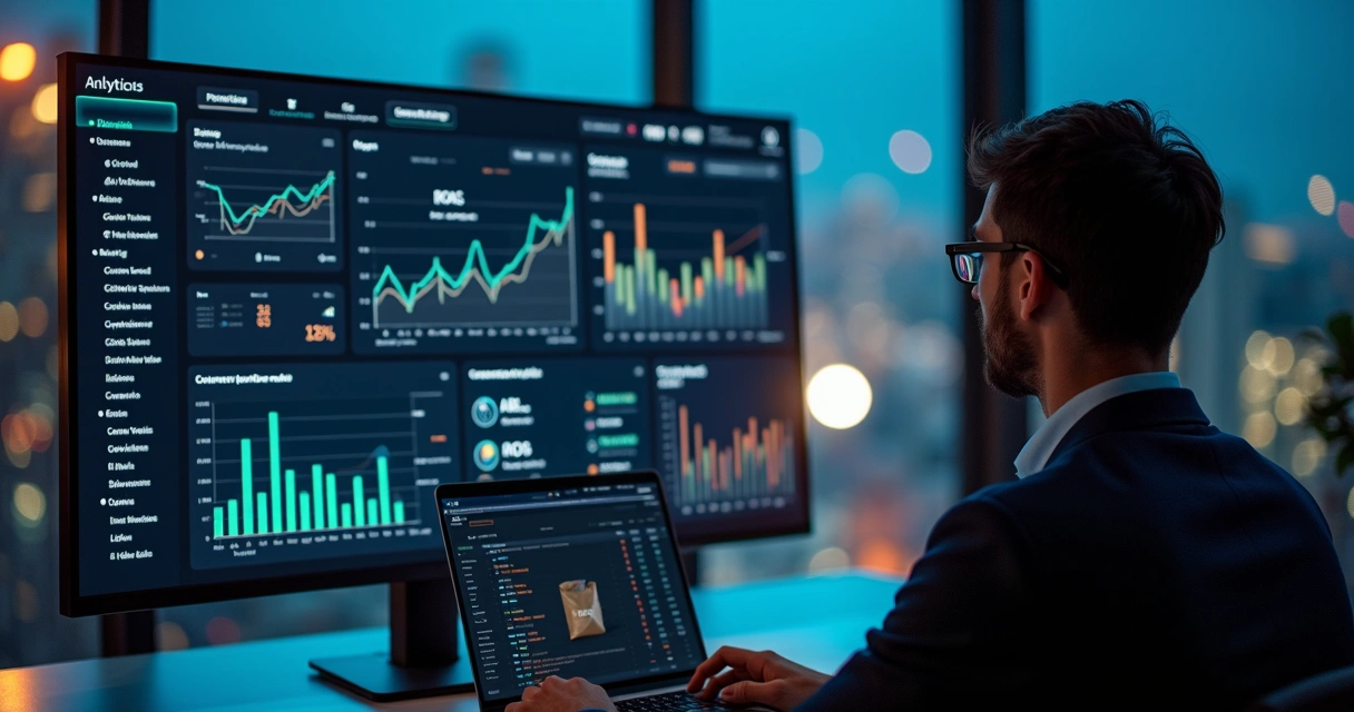 Gestor analisando métricas de loja de nicho em painel de dados futurista 