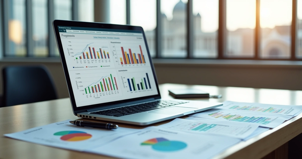 Gráficos coloridos avaliando desempenho de mandato parlamentar sobre mesa de trabalho 