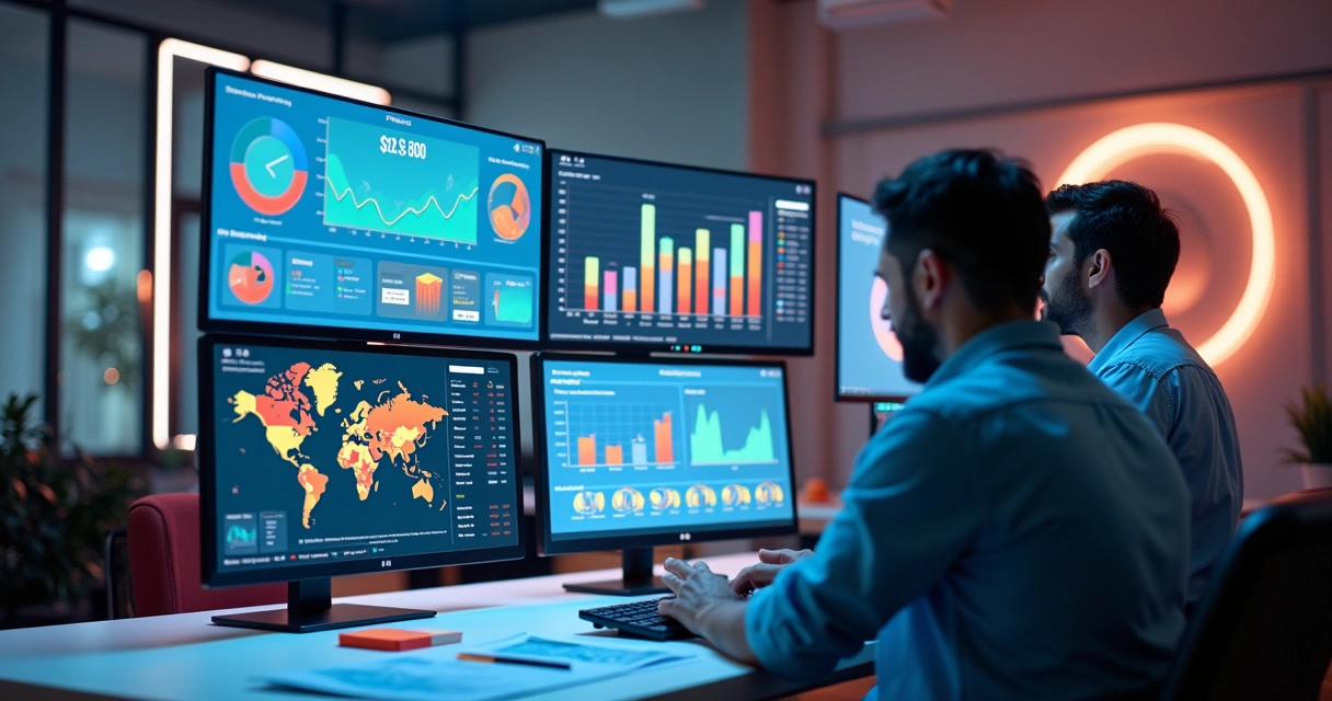 Métricas digitais em tela com gráficos coloridos e pessoas analisando 