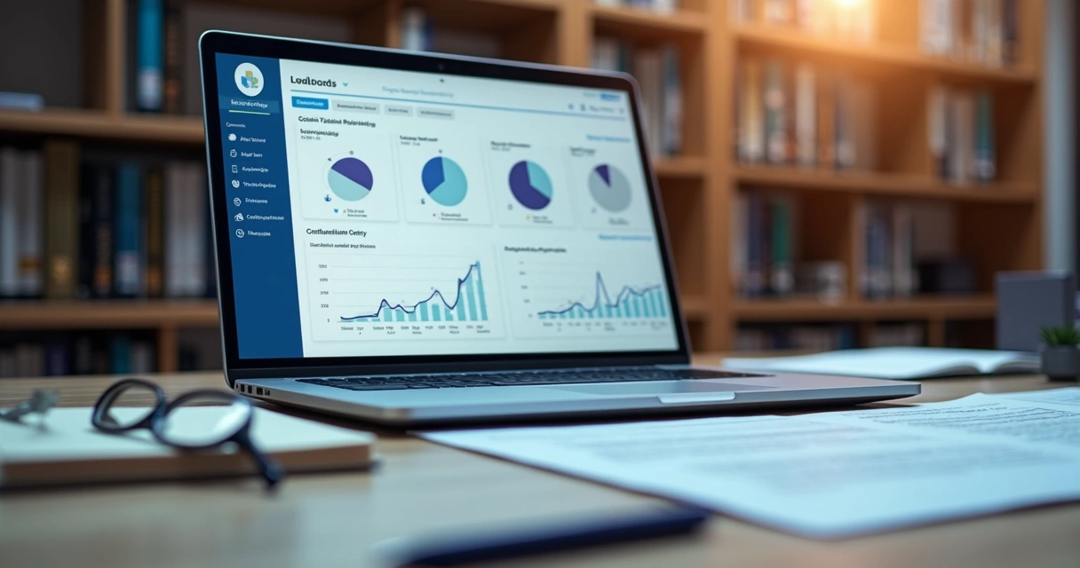 Painel com métricas de marketing jurídico em notebook