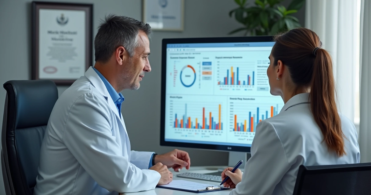 Monitor de computador com gráficos e tabelas de desempenho digital, médicos analisando dados ao fundo 