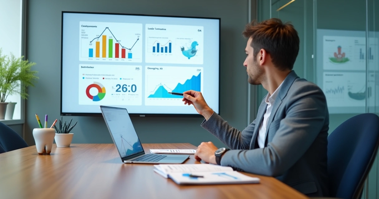 Gestor de clínica analisa painel de métricas de marketing odontológico na tela grande 