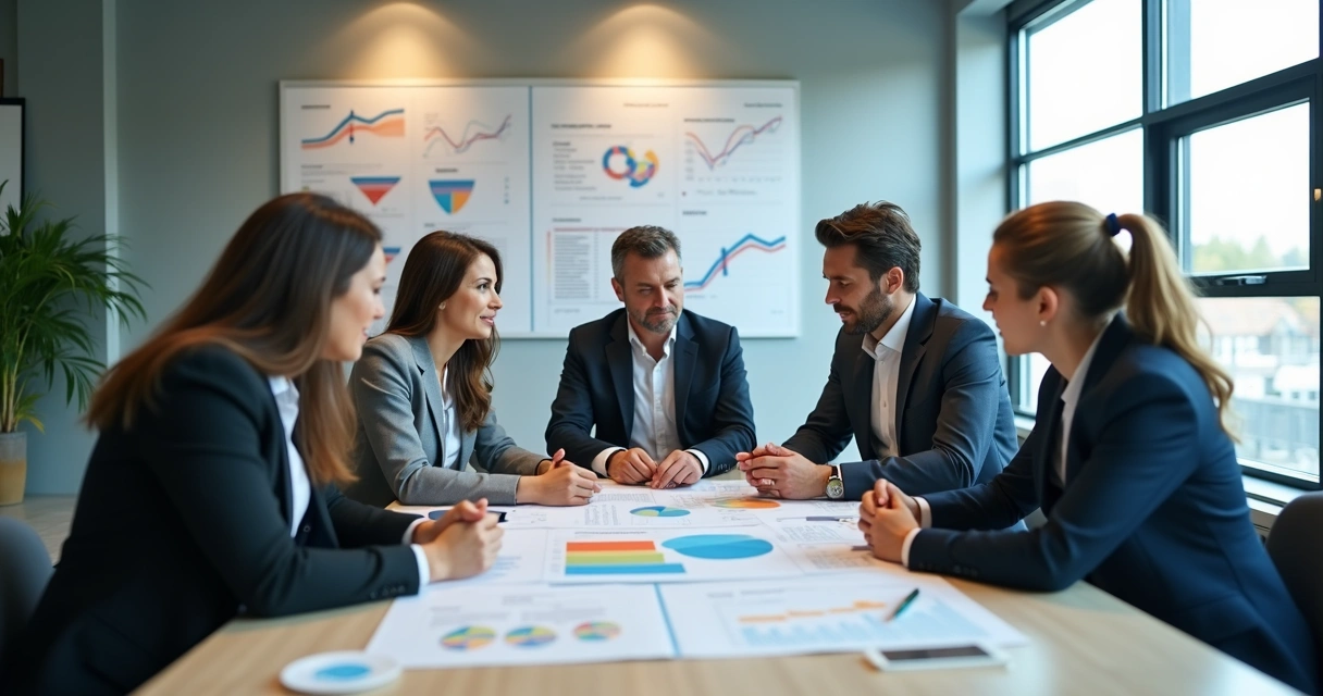 Equipe discutindo métricas de negócios em uma mesa, com gráficos coloridos ao fundo 