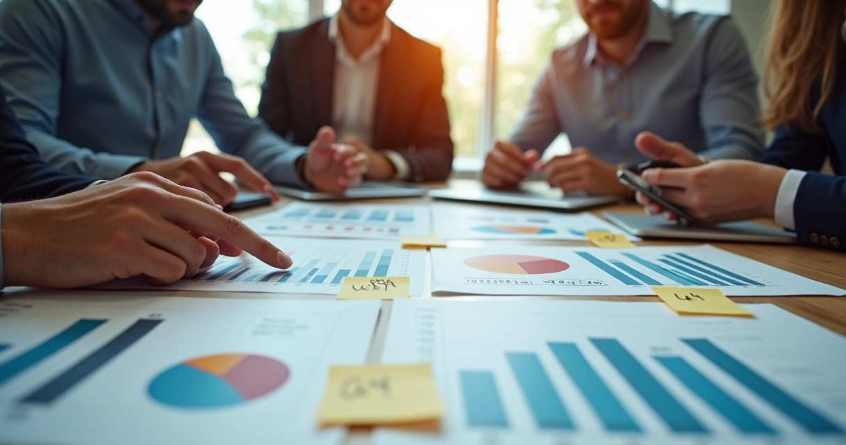 Empresário e equipe analisando gráficos de desempenho em mesa de reunião 