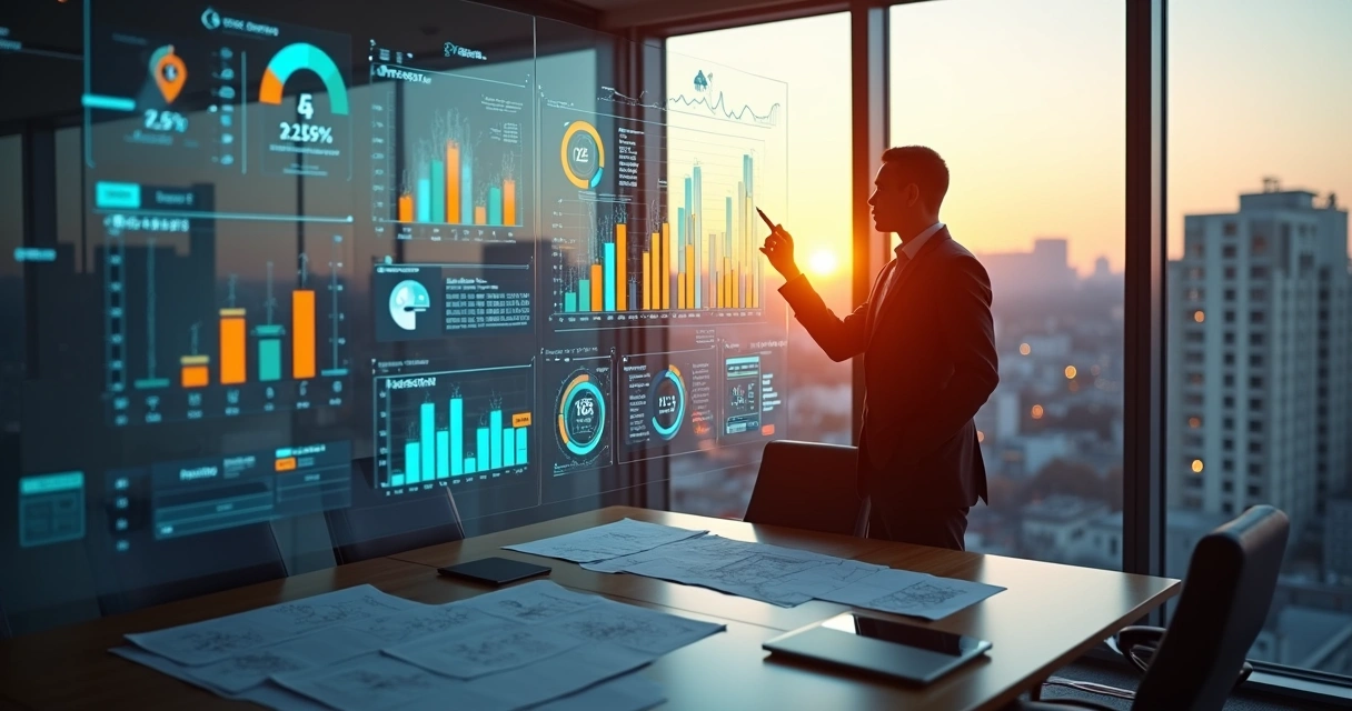 Gestora imobiliária marca indicadores em quadro de vidro digital com prédios ao fundo 