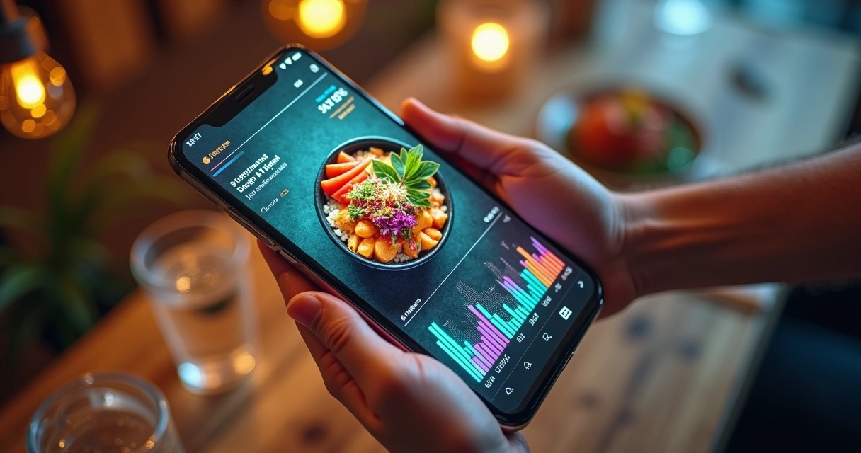 Mão segurando celular com foto de prato e gráficos de métricas ao fundo 