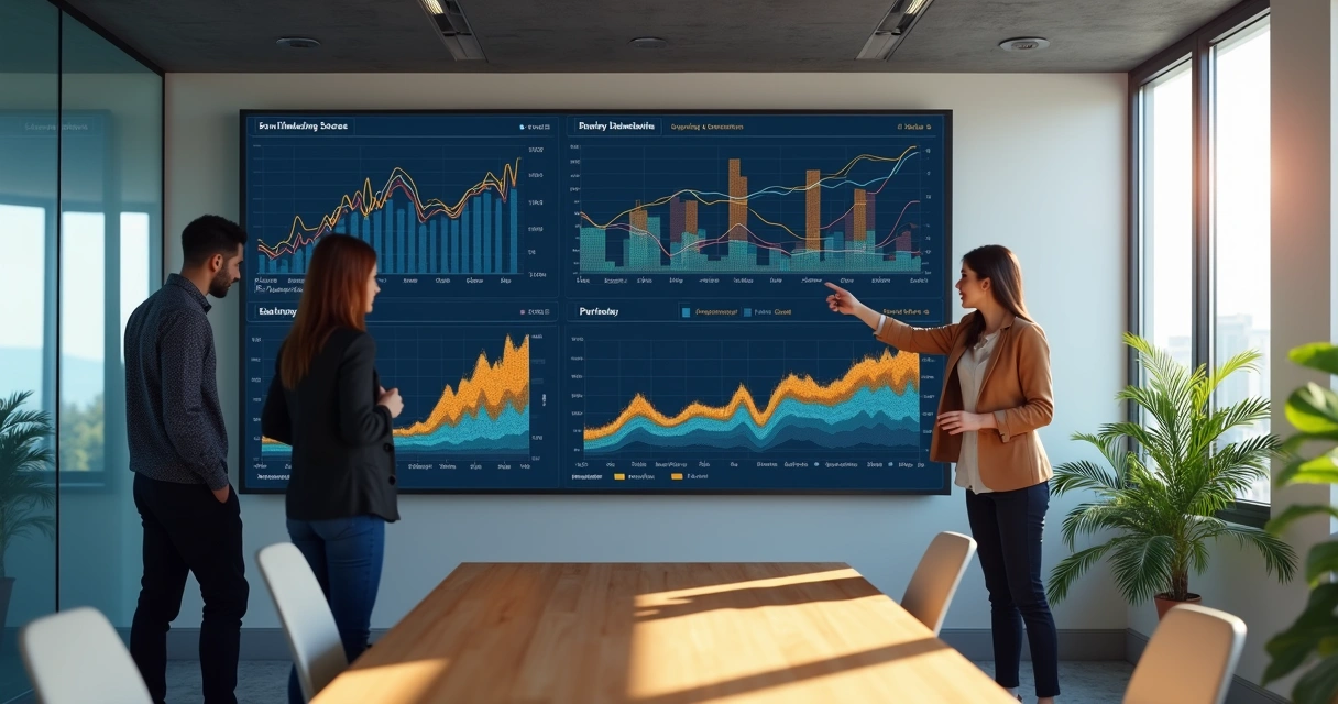 Gráficos de desempenho em uma grande tela, com indicadores de pré-venda em destaque em um escritório. 
