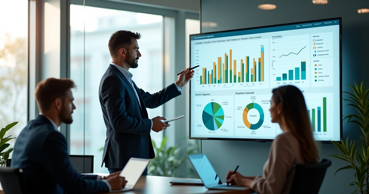 Recrutadores analisando painel de métricas de processo seletivo em tela grande 