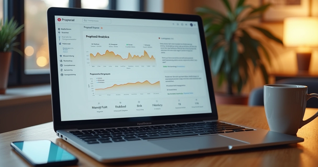 Painel com métricas de proposta digital em laptop 