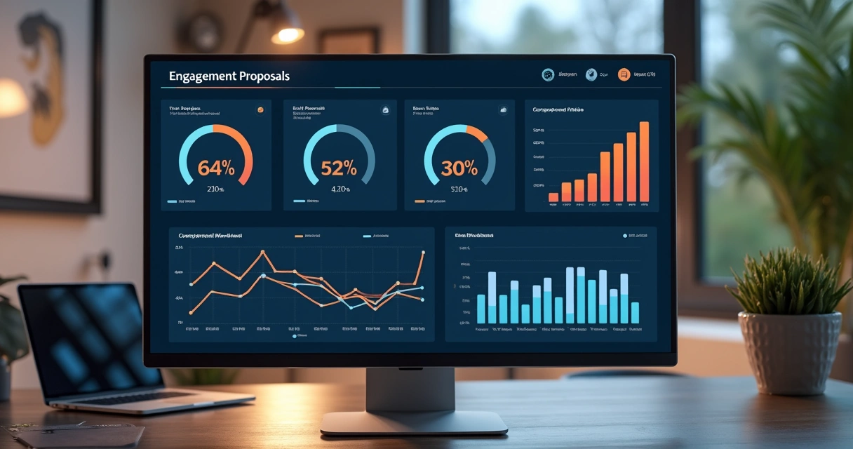 Gráfico de métricas de propostas digitais B2B em tela de computador 