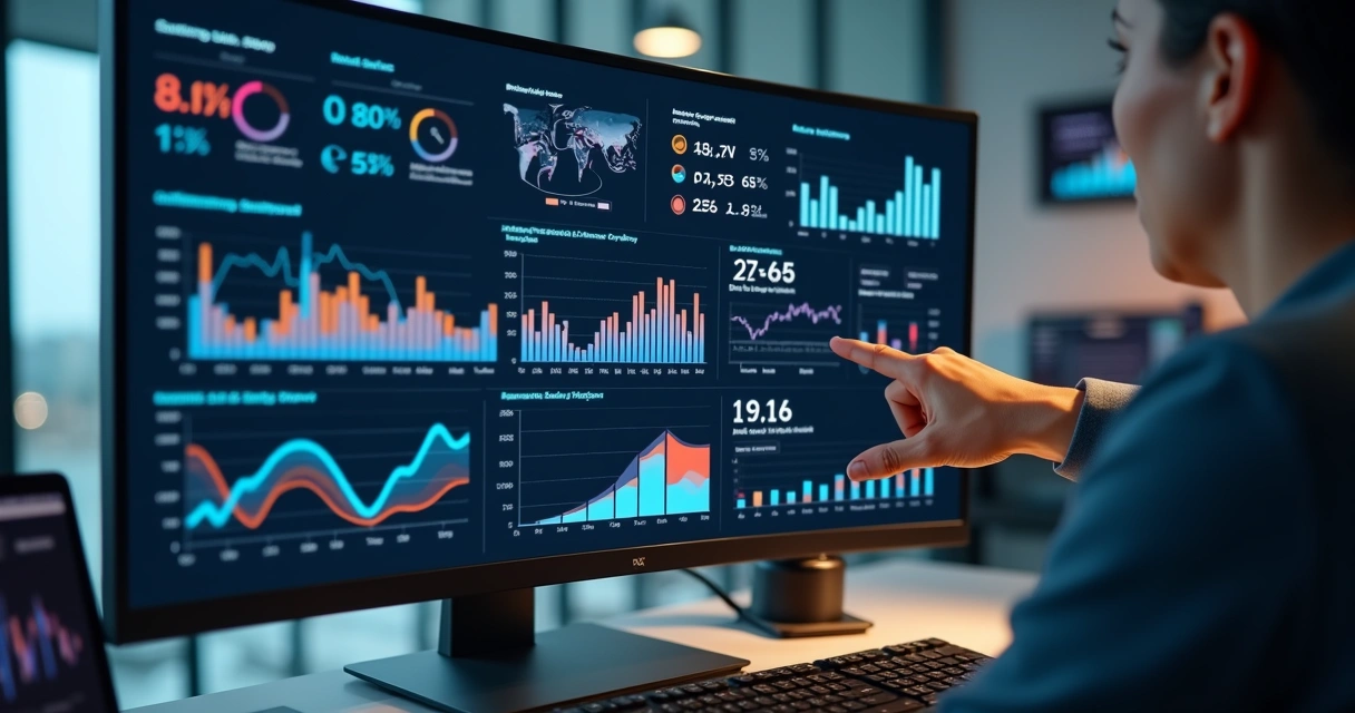 Painel de métricas com gráficos coloridos exibindo dados de atendimento em tempo real 