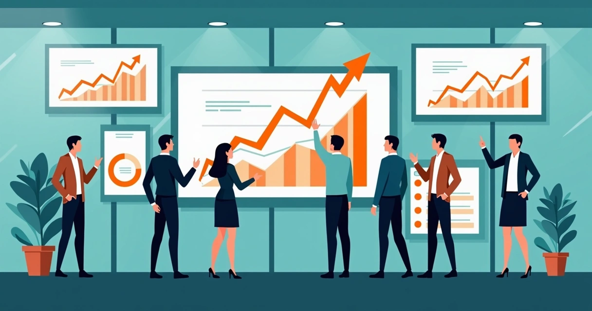 Gráficos de crescimento e engajamento digital em telas, pessoas analisando dados 