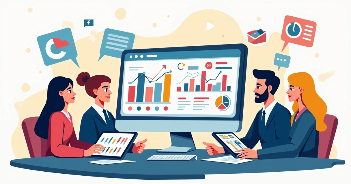Indicadores e gráficos de comunicação em tela de computador junto a equipe analisando dados e discutindo resultados