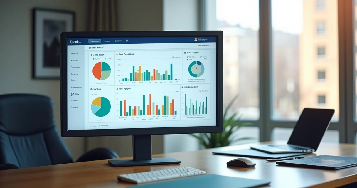 Painel digital com métricas de marketing jurídico visíveis