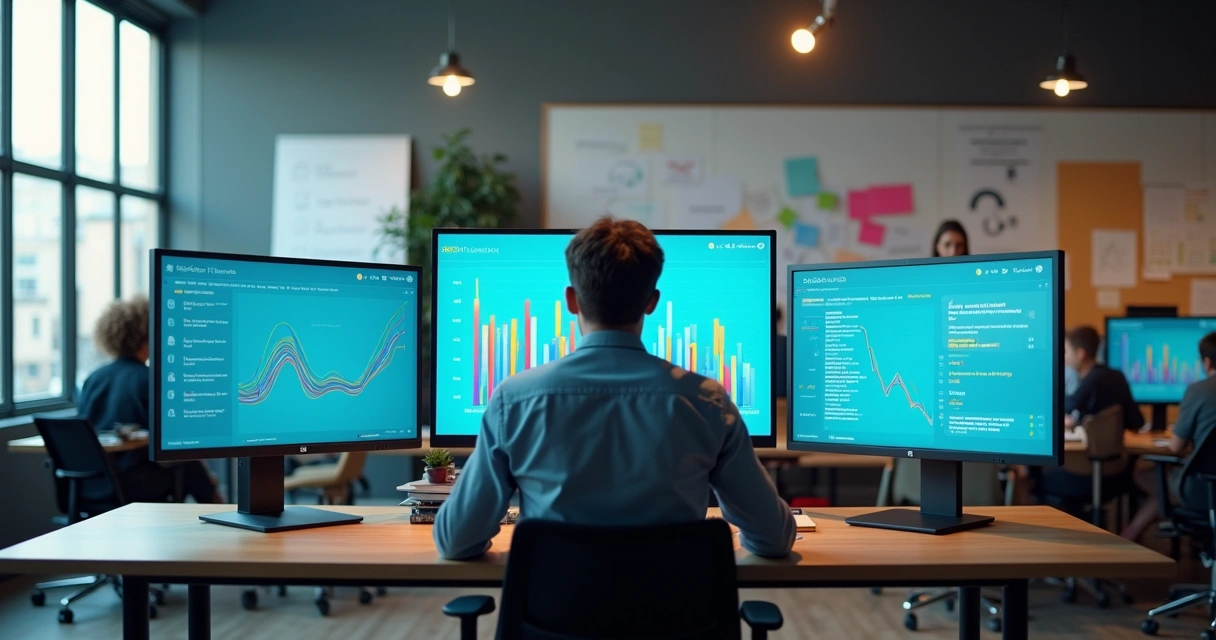 Profissional de marketing analisando métricas de SEO em dashboard moderno 