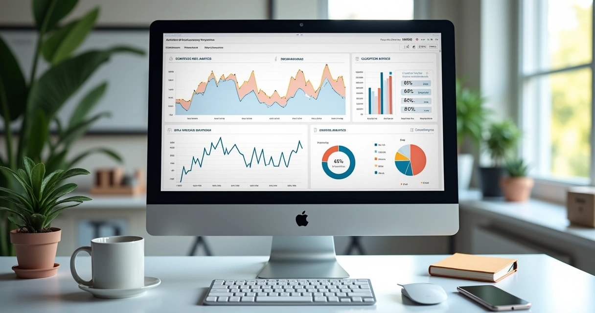 Dashboard com gráficos de métricas de SEO avançado, mostrando tendências e indicadores em tela de computador 