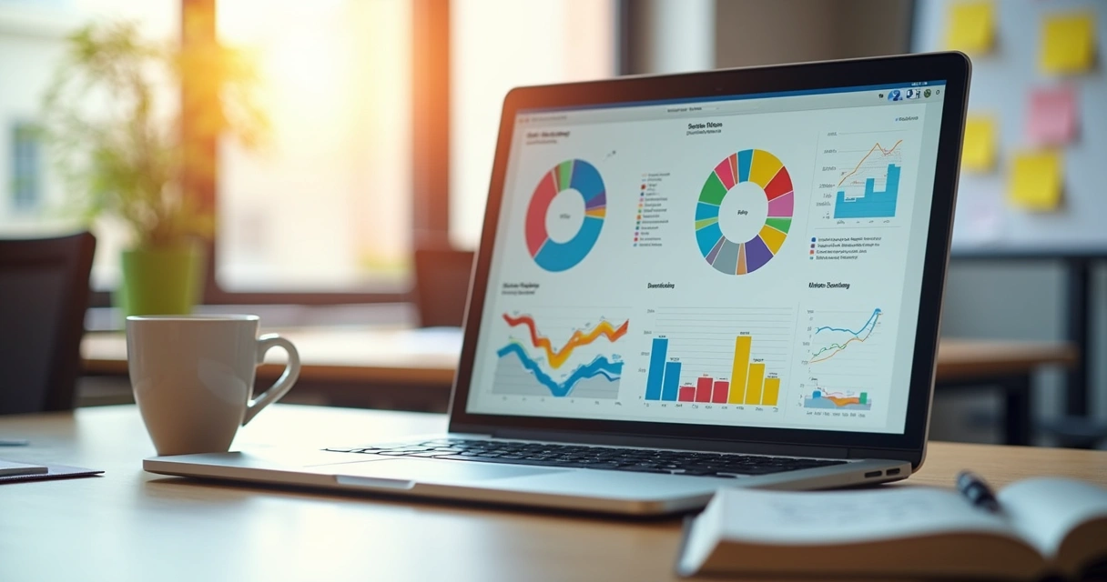 Gráfico colorido de métricas sociais e interações na tela de um notebook 
