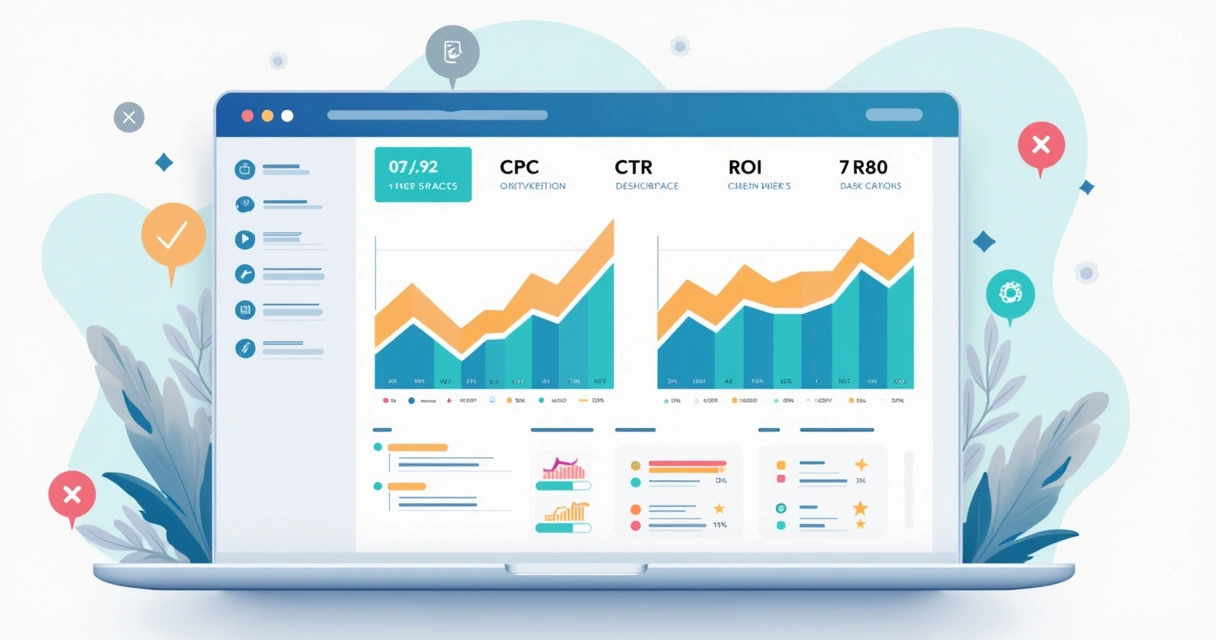 Painel digital exibindo gráficos coloridos e métricas como CPC, CTR e ROI em destaque. 