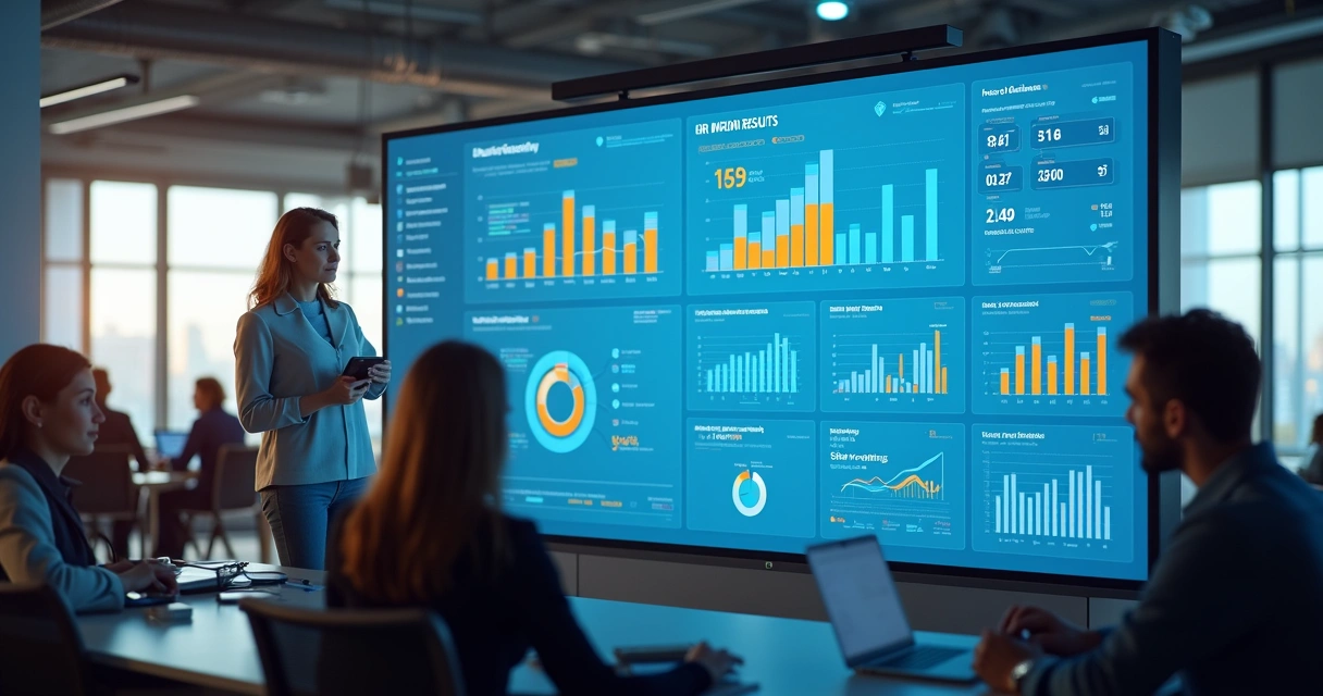 Painel digital mostrando métricas de treinamento e indicadores de RH