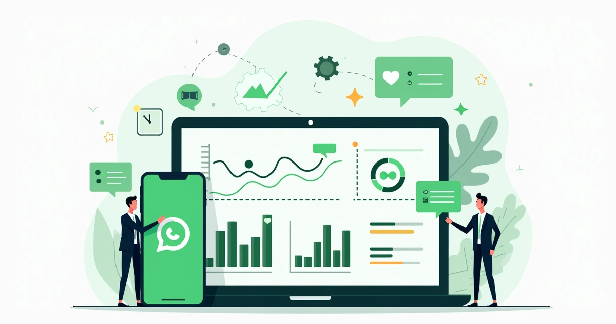 Painel com métricas de vendas automáticas no WhatsApp em estilo ilustração corporativa 