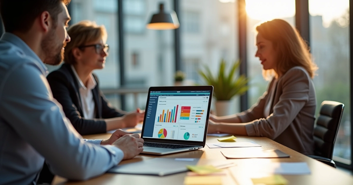 Documento com gráficos e números em tela, analisados por profissionais em reunião 