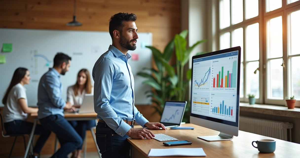 Líder de PME analisando métricas de vendas em dashboard com equipe ao fundo 