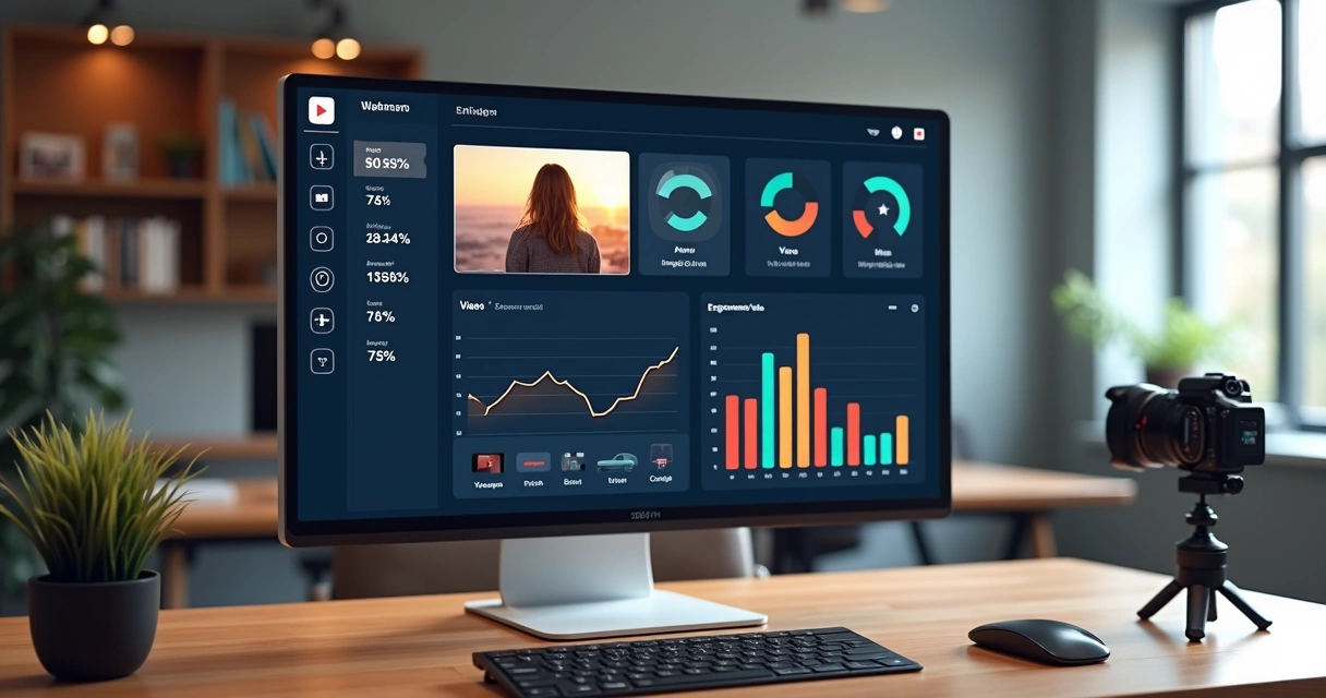 Tela de computador com painel de métricas de vídeos para redes sociais 