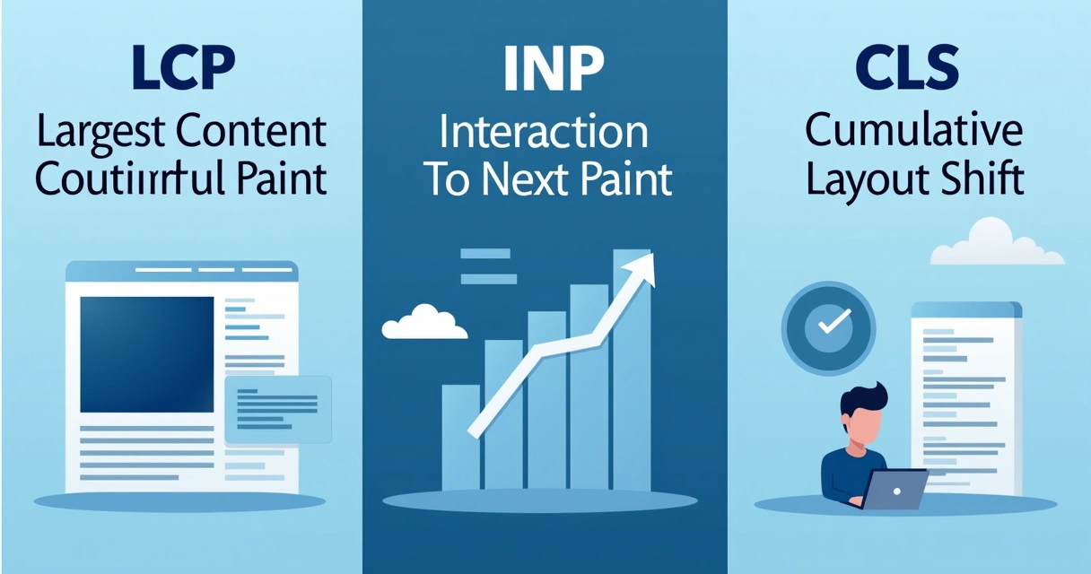 Gráfico ilustrando as três principais métricas de Web Vitals: LCP, INP e CLS 