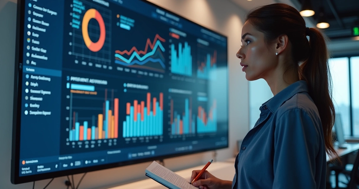 Digital dashboard with e-commerce KPIs on a large screen 
