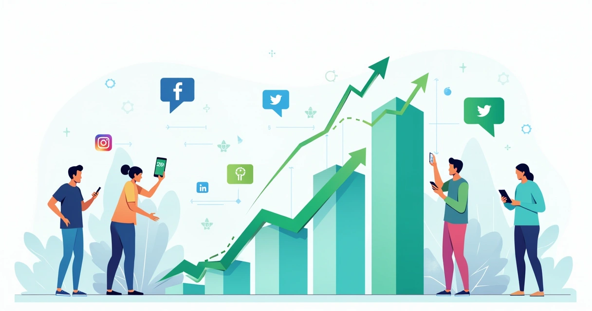 Gráfico colorido de engajamento nas redes sociais com ícones e pessoas interagindo em um fundo digital.
