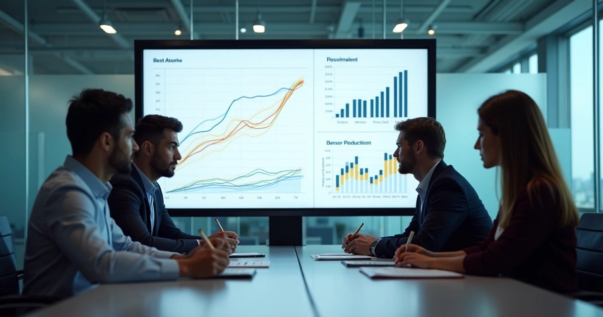 Equipe analisando painel de métricas de desempenho em sala de reunião iluminada 