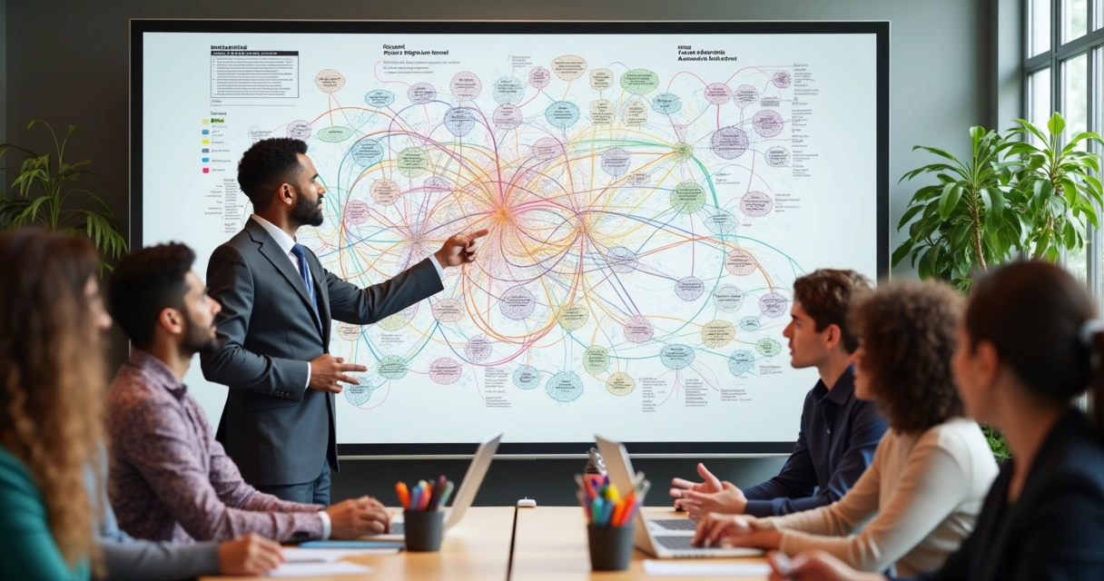 Person pointing at a whiteboard with colored graphs and notes showing social impact metrics and relationships 